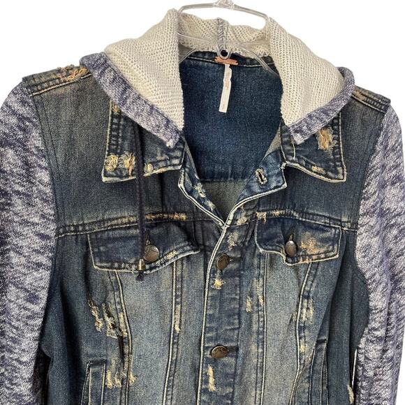 Free People Hoodie Jean Jacket Distressed Denim Sz S Removable Hood - Picture 6 of 15